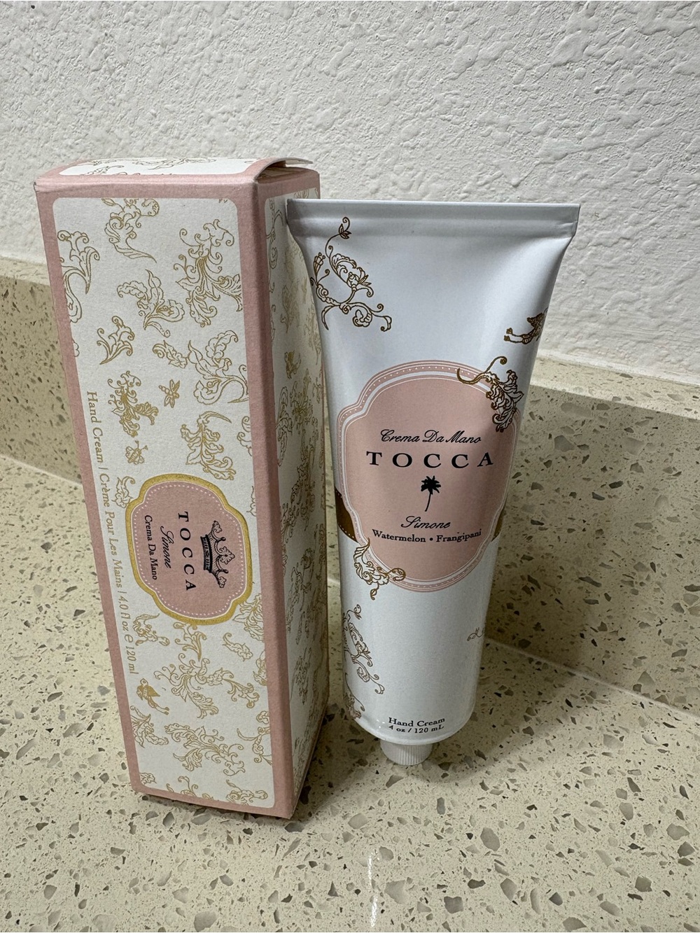 Tocca Simone Hand Cream Tube with Pink and Gold Accents
